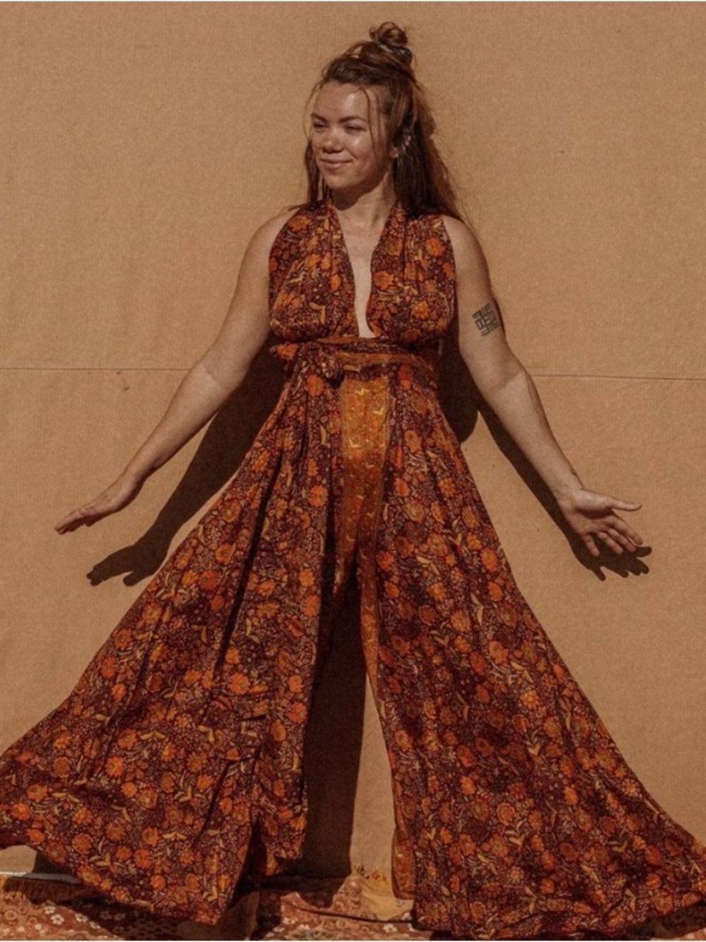 Gardenbelle Jumpsuit Wrap Bohemian Hippie Wide Leg Silk Orange Festival XXS/XS
